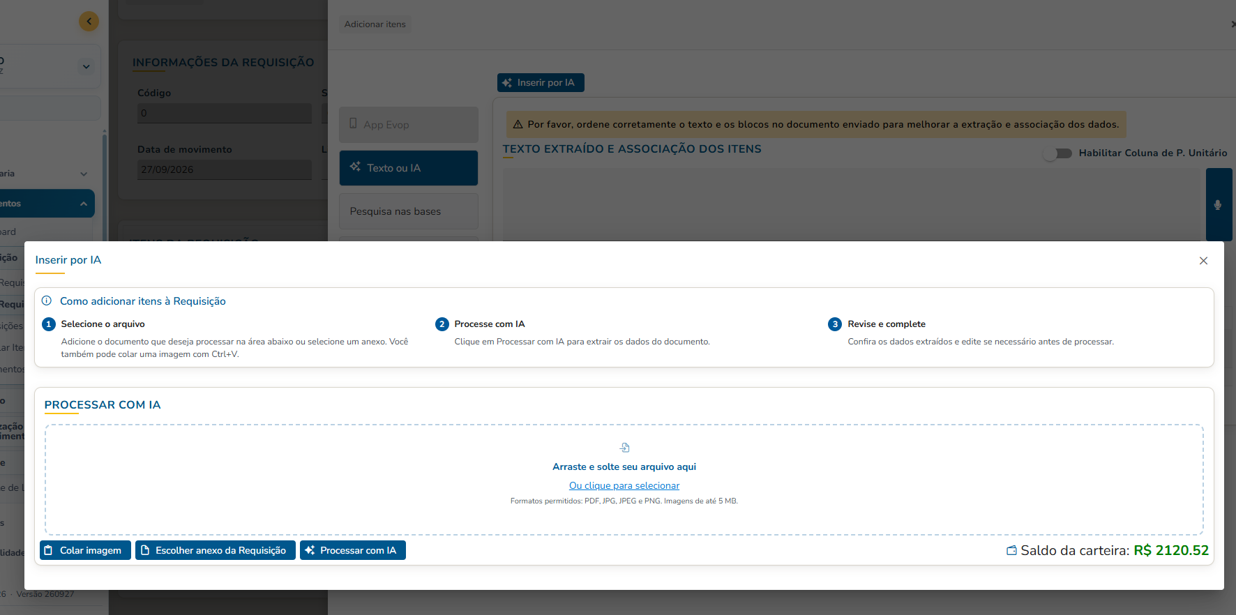 Tela real do EVOP: Documento interpretado