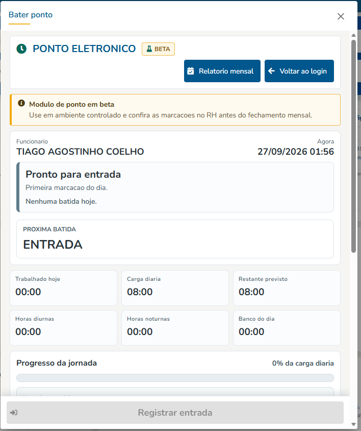 Tela real do EVOP: Ponto eletrônico