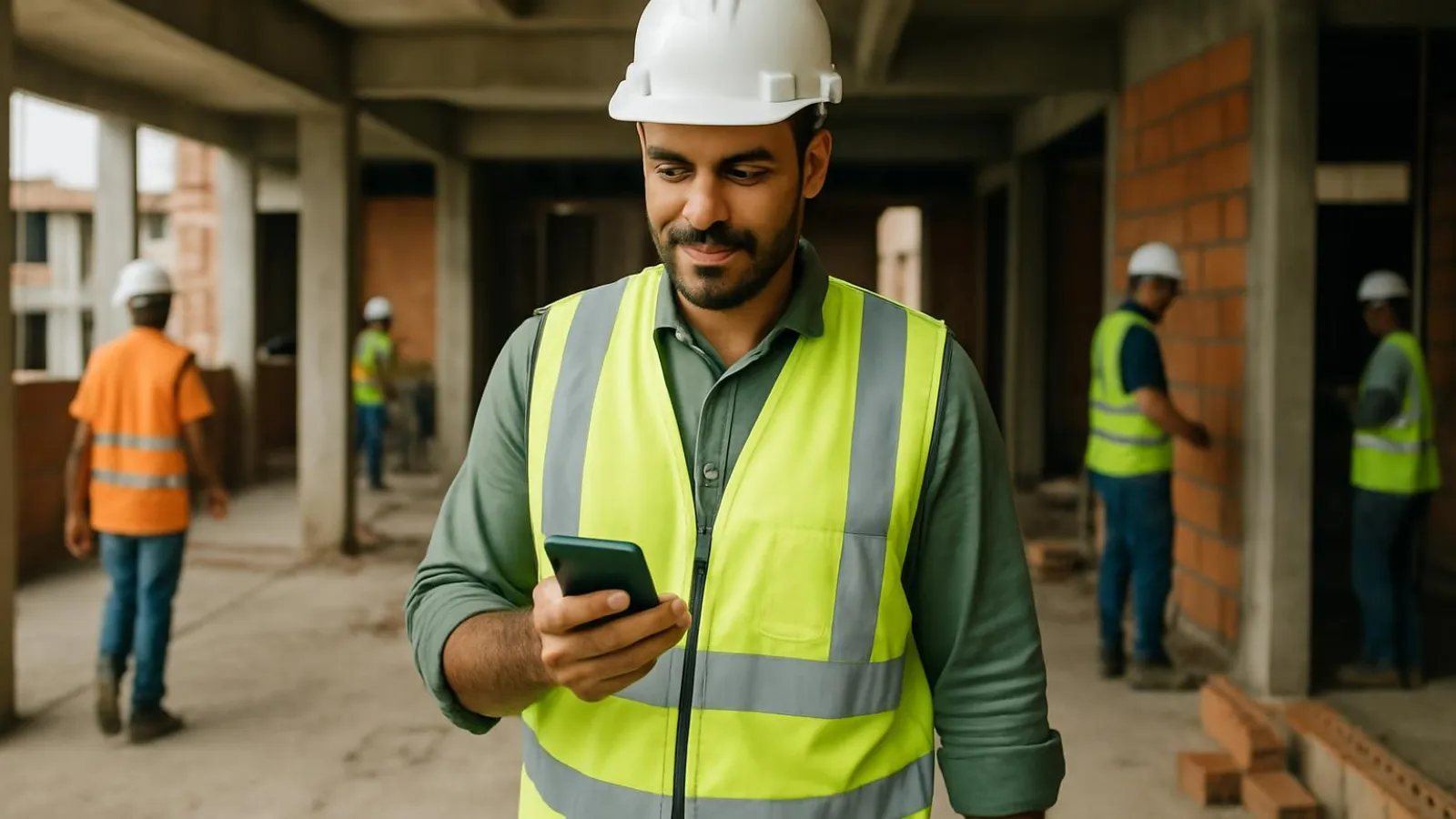Gestor aprovando uma compra pelo celular no canteiro
