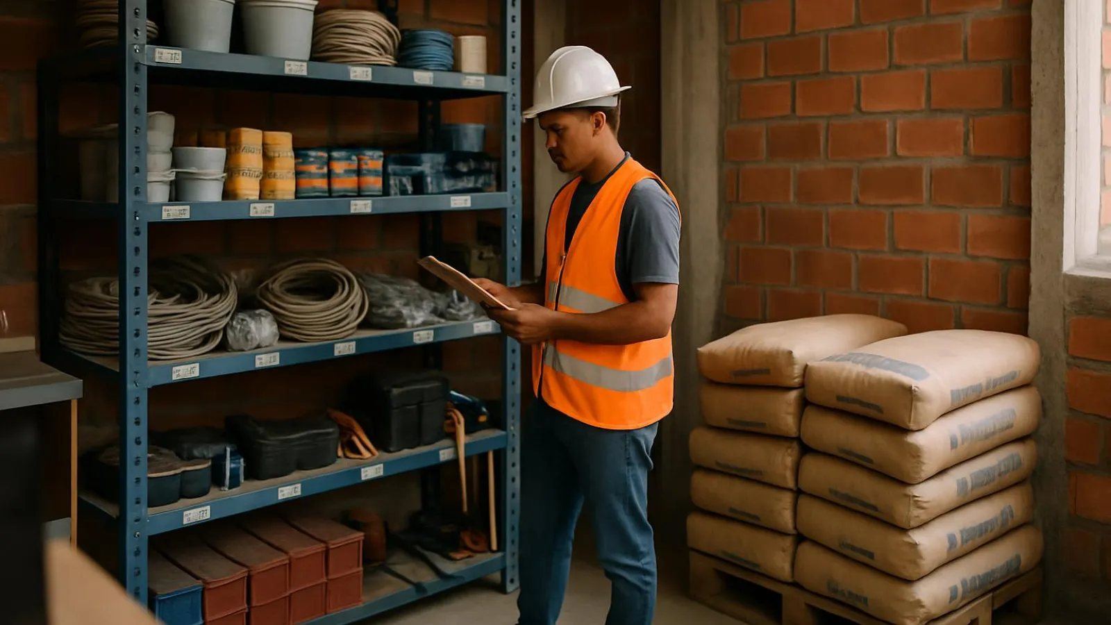 Almoxarifado de obra com prateleiras organizadas e materiais etiquetados