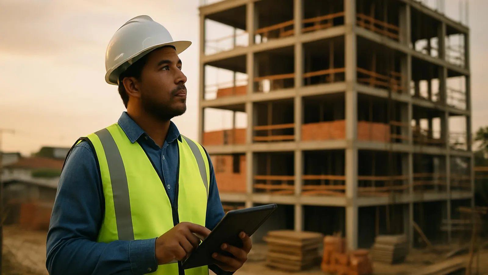 Engenheiro conferindo o andamento da obra no tablet