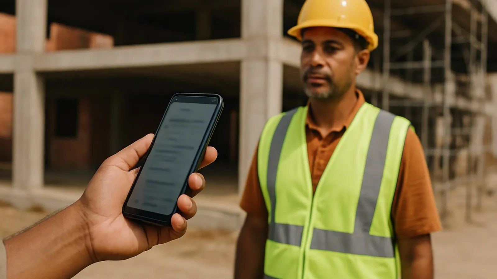 Mestre de obras de capacete usando o celular no canteiro, com estrutura de concreto e andaimes ao fundo