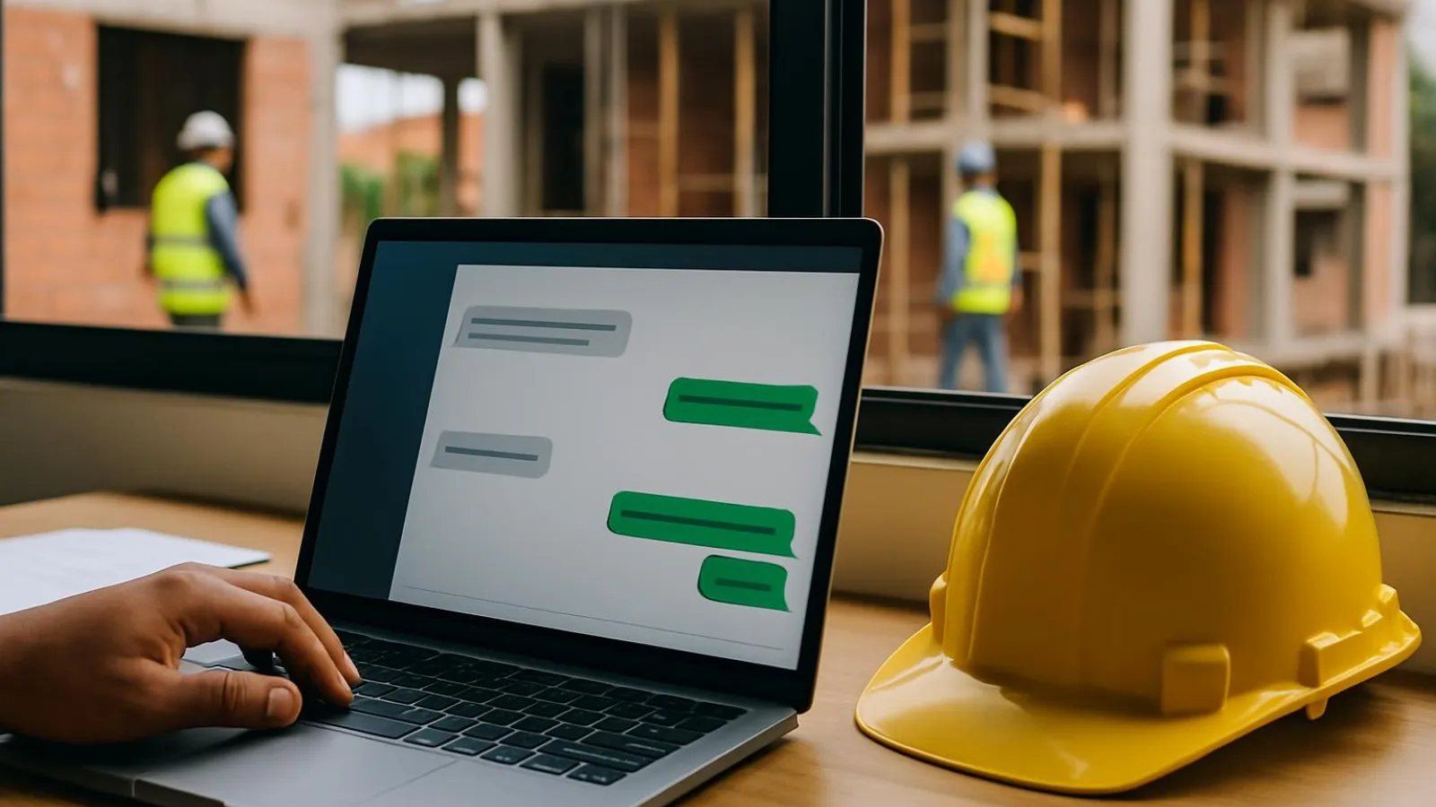Gestor de construtora fazendo uma pergunta a um assistente de inteligência artificial no notebook, com a obra ao fundo
