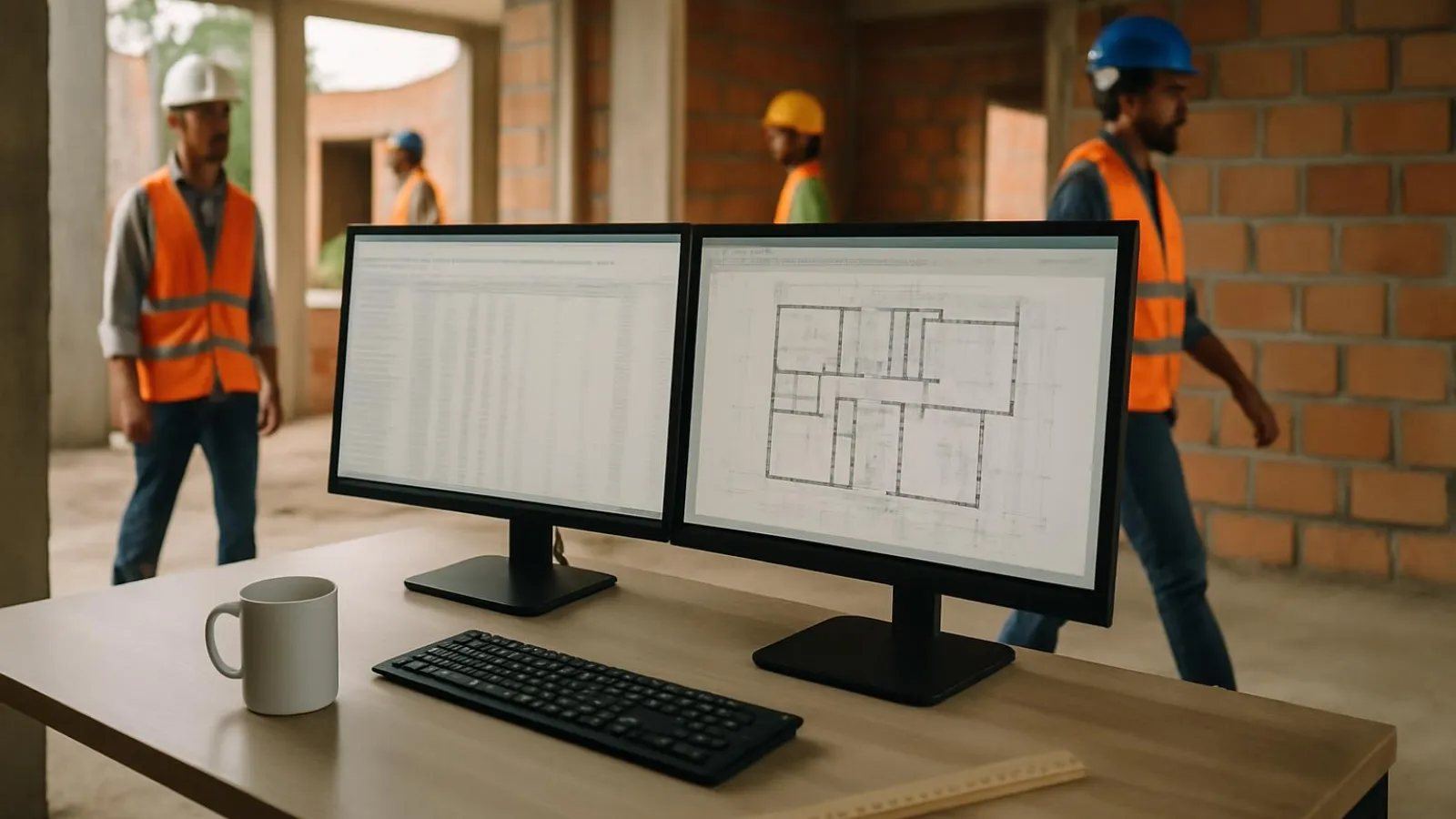 Orçamentista trabalhando com dois monitores mostrando planilha de orçamento e planta de projeto