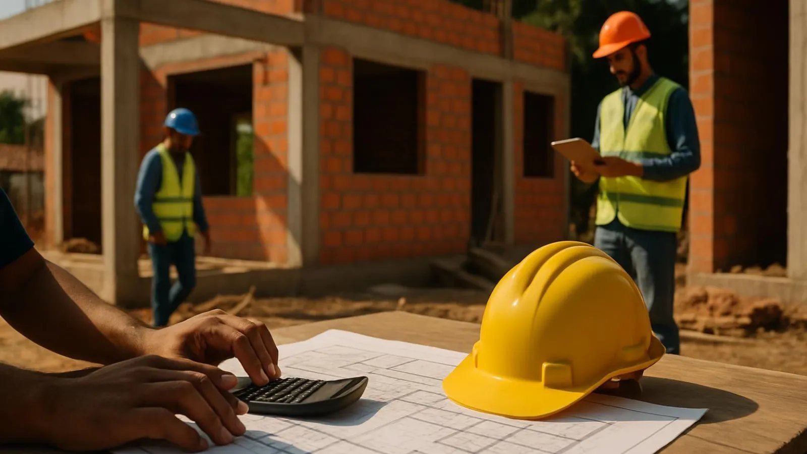Construtor revisando o orçamento de uma obra com calculadora e planta na mesa, com obra residencial ao fundo