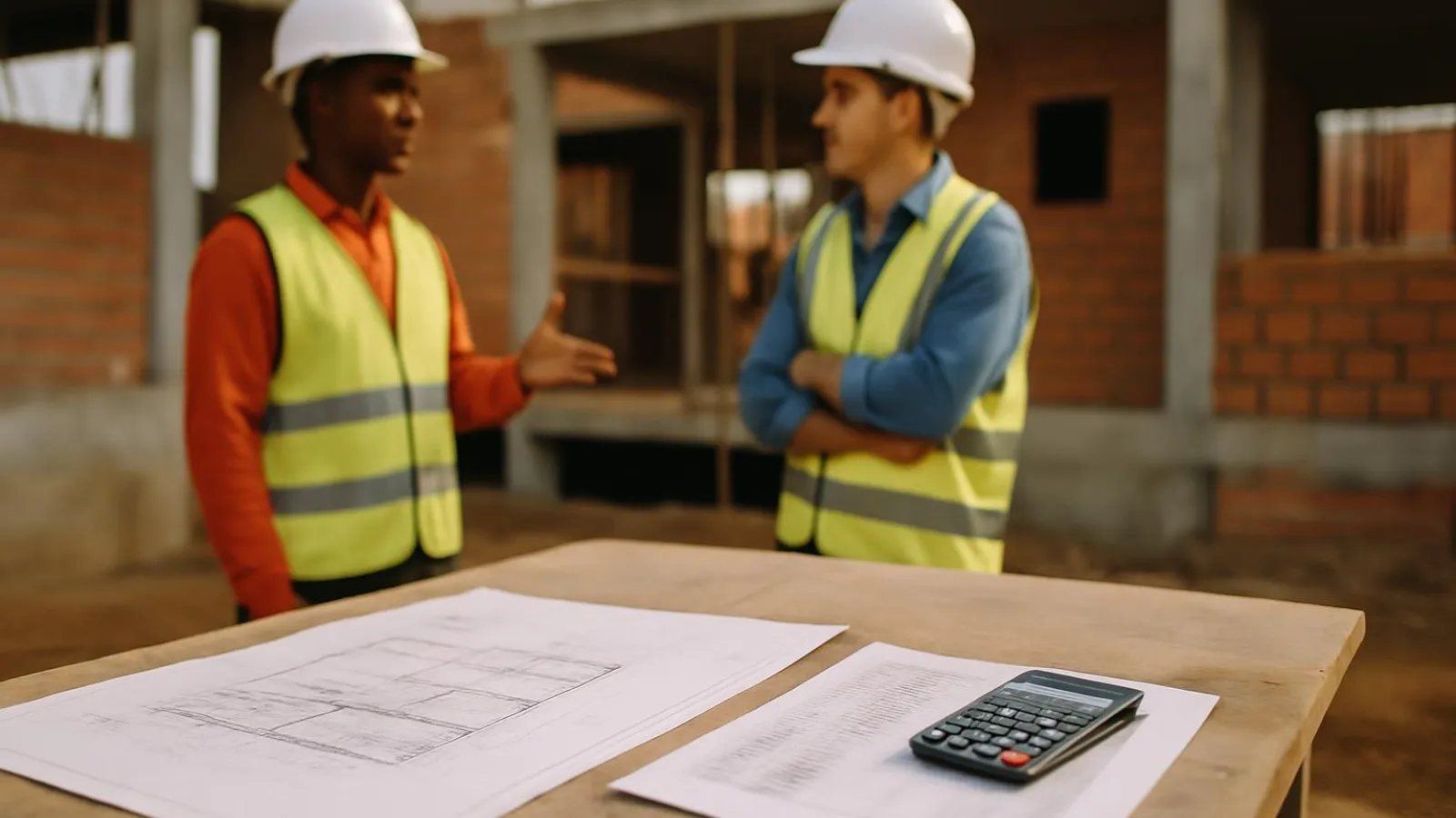 Engenheiro e comprador revisando lista de materiais e plantas numa mesa improvisada dentro da obra