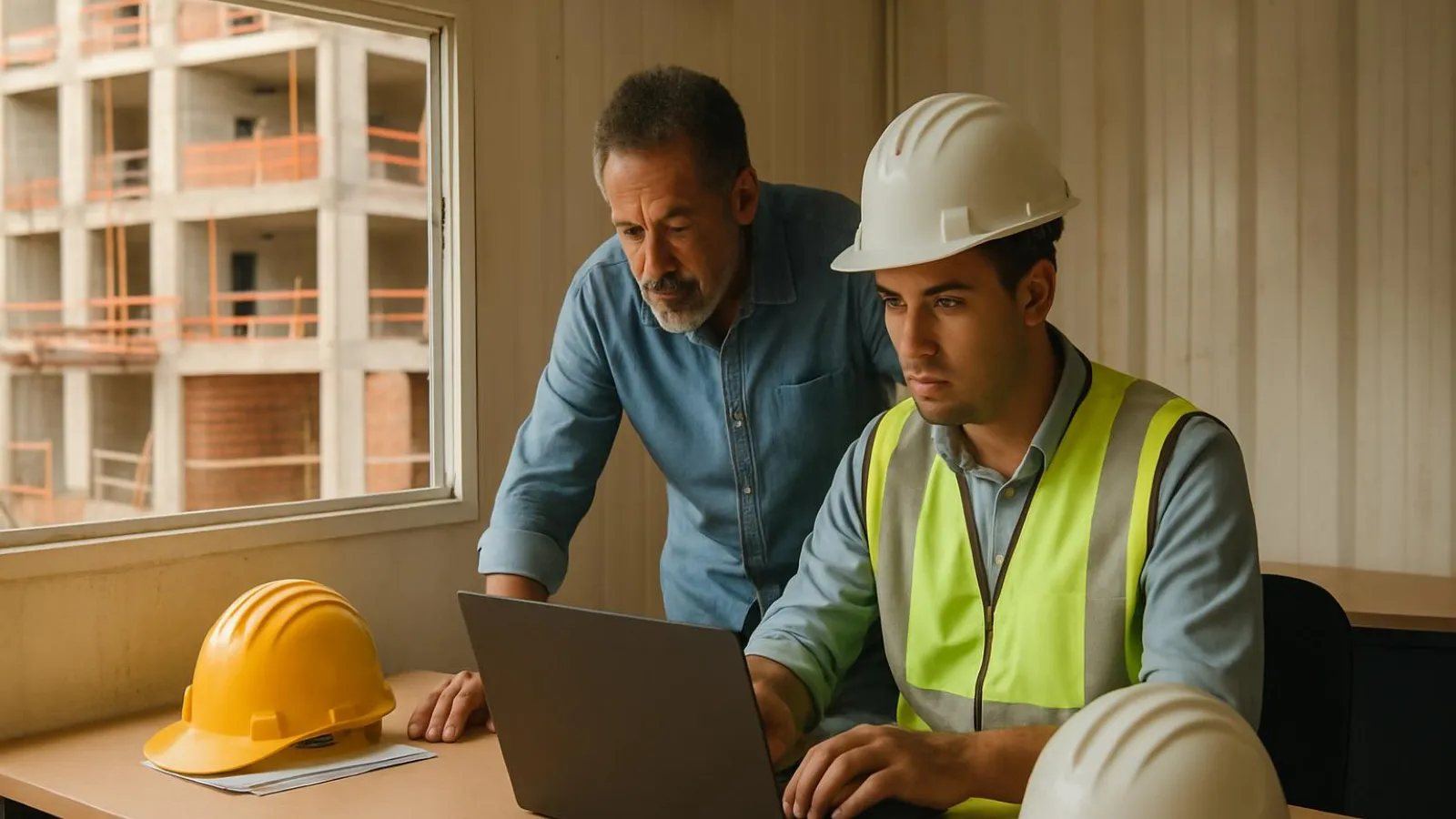 Dono de construtora e engenheiro revisando os custos da obra no notebook