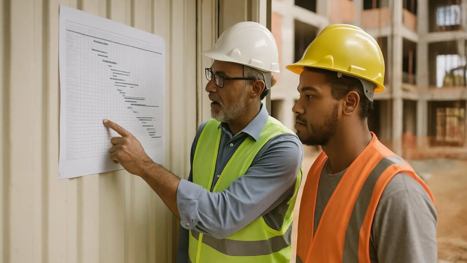 Engenheiro e mestre de obras discutindo o cronograma na parede do escritório da obra