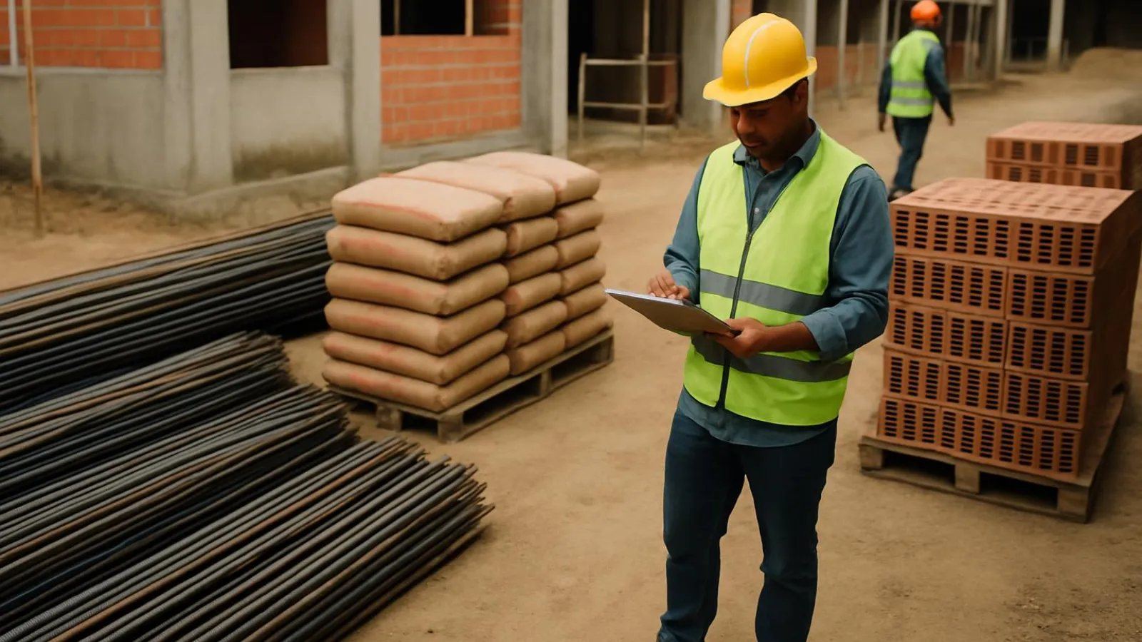 Materiais de construção organizados no pátio da obra: aço, cimento e blocos