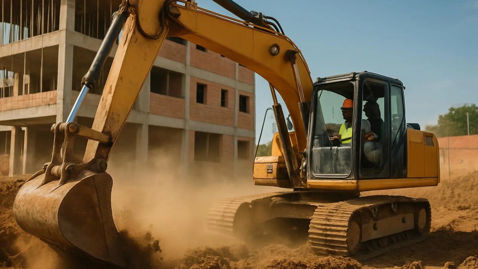 Escavadeira trabalhando em terraplenagem no canteiro