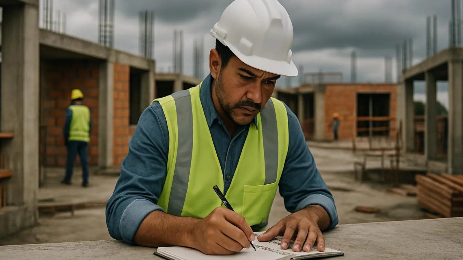 Engenheiro registrando o diário de obra no canteiro