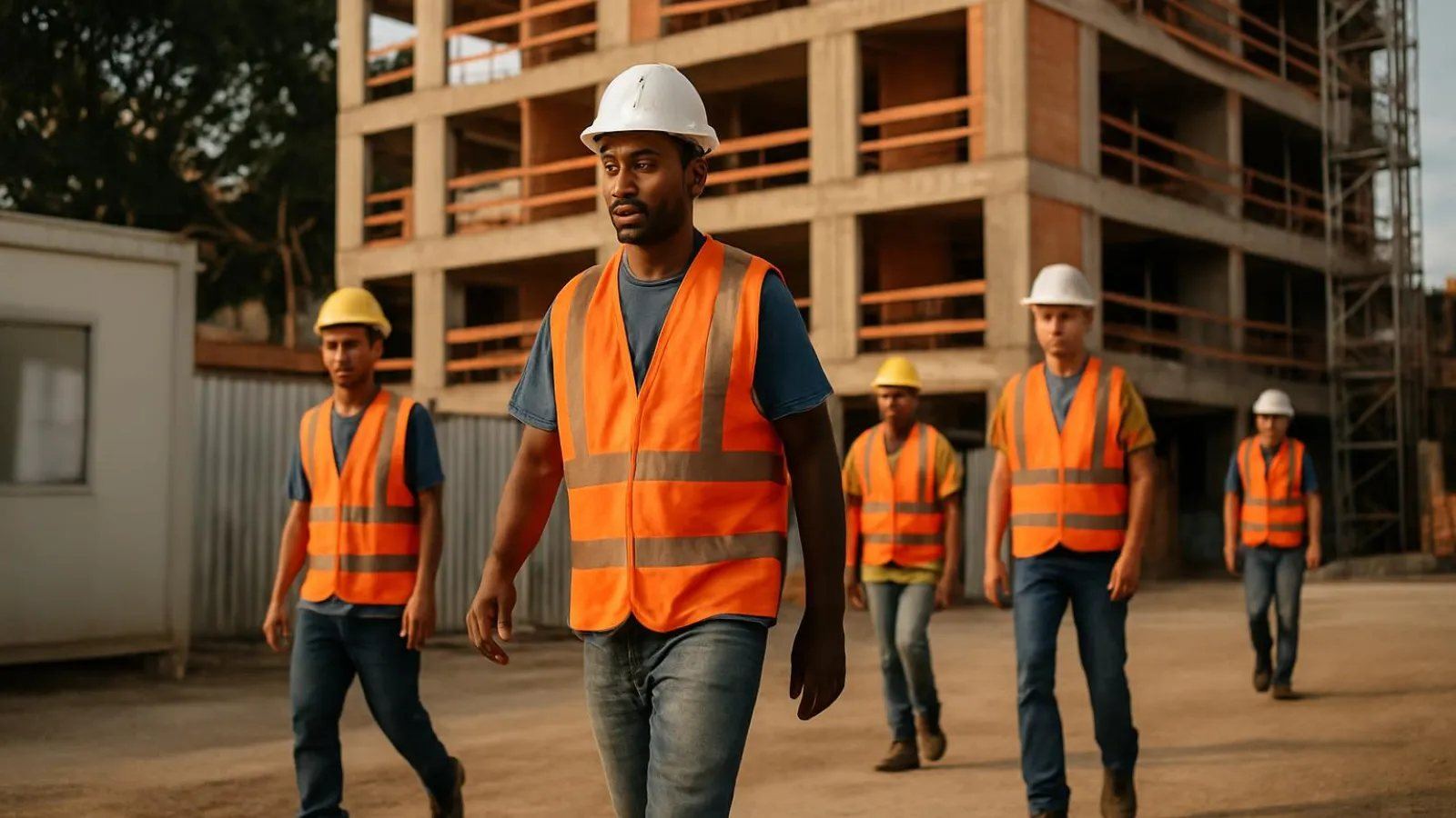 Equipe de trabalhadores da construção chegando ao canteiro de obras pela manhã
