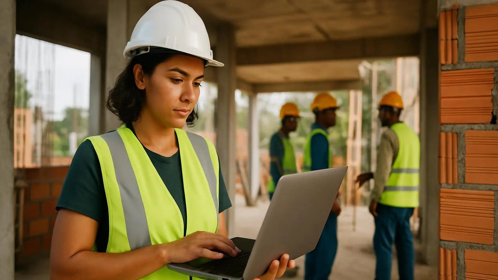 Engenheira de capacete com notebook aberto em canteiro de obras, comparando informações na tela