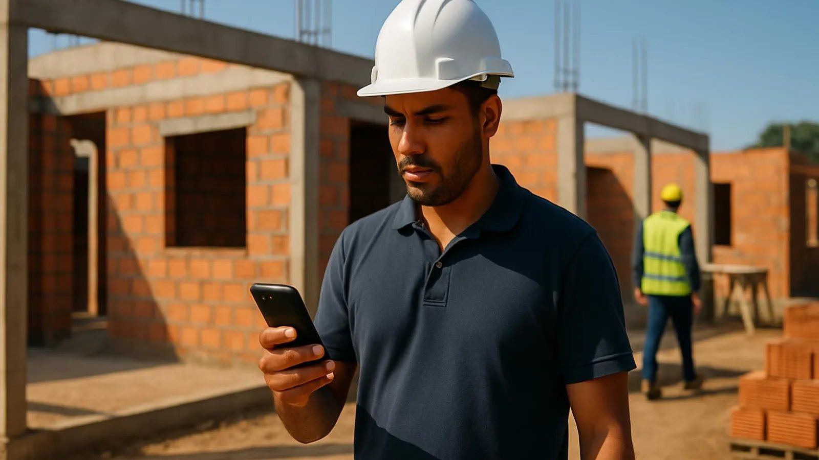 Pequeno construtor de capacete conferindo uma casa térrea em construção com o celular na mão