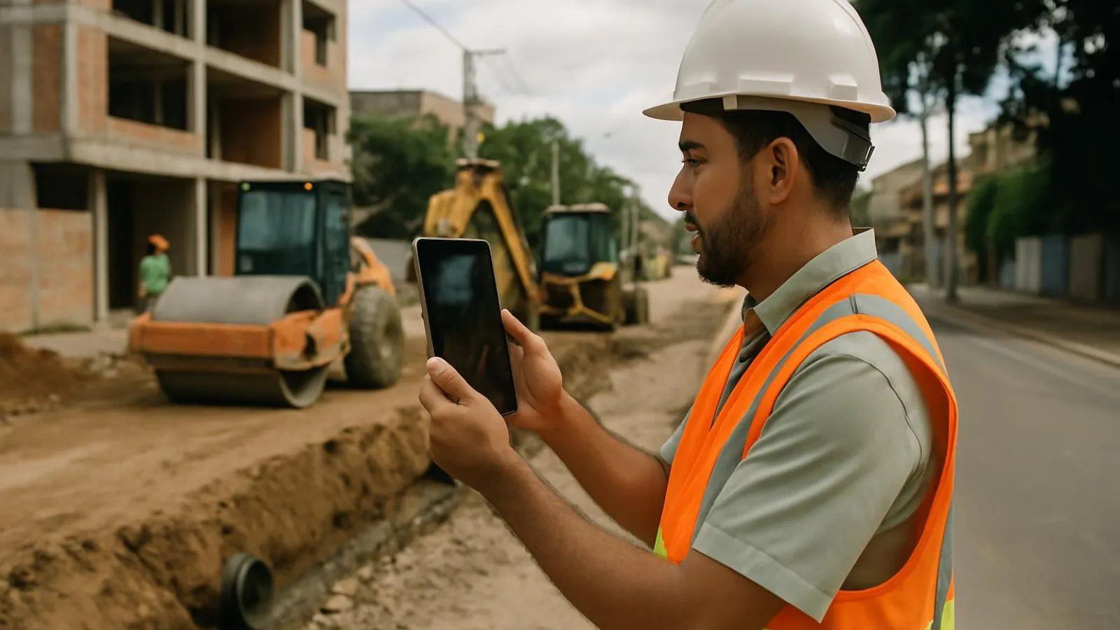 Fiscal de obra pública de capacete fotografando com tablet a execução de uma obra de pavimentação urbana
