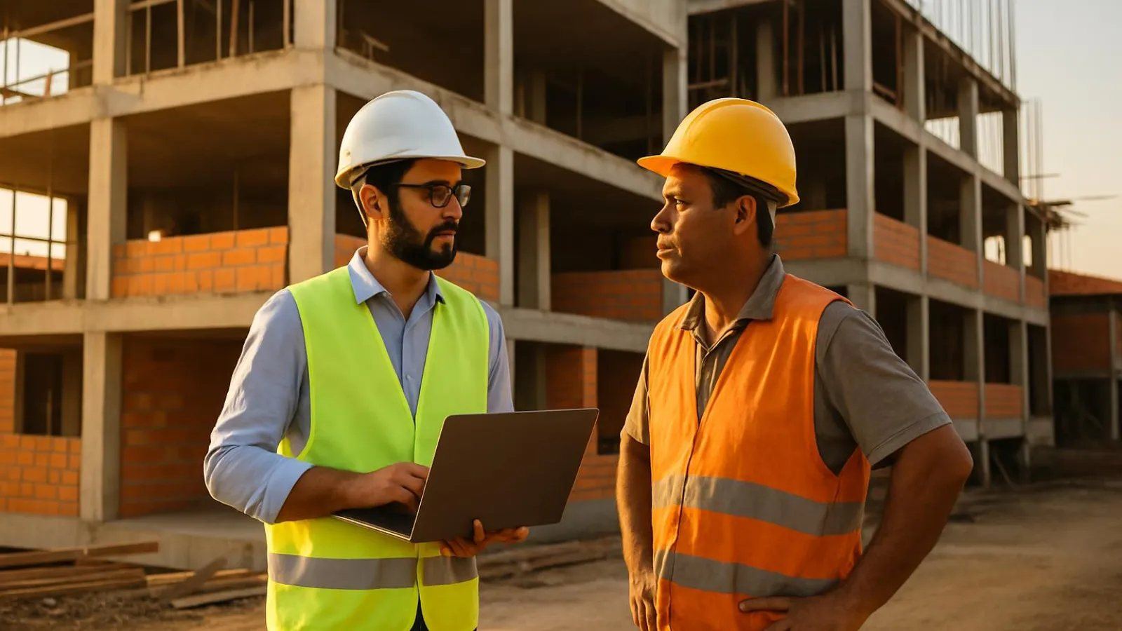 Engenheiro e mestre de obras conferindo o andamento de um edifício em construção com um tablet no canteiro