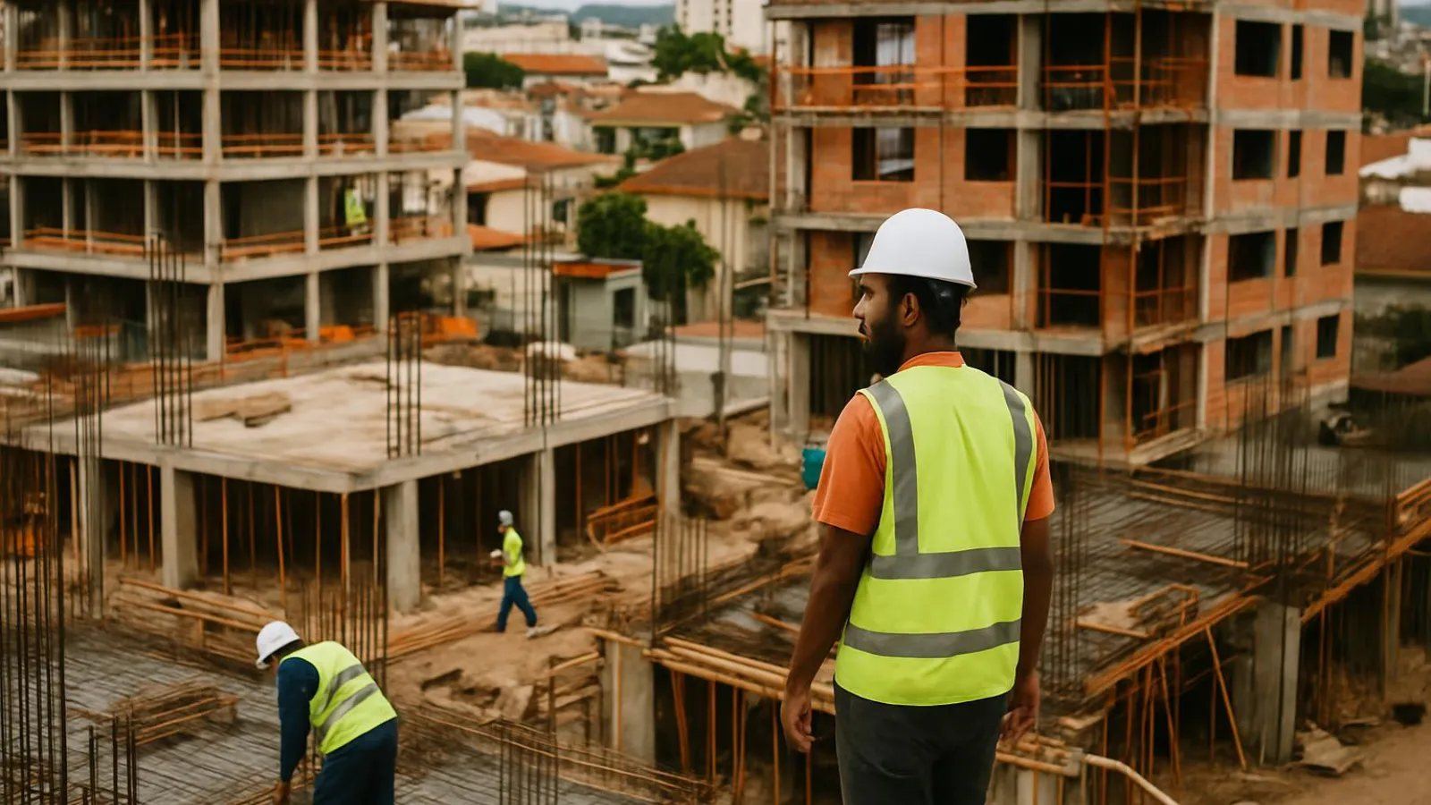 Várias obras em andamento numa mesma cidade, vistas do alto