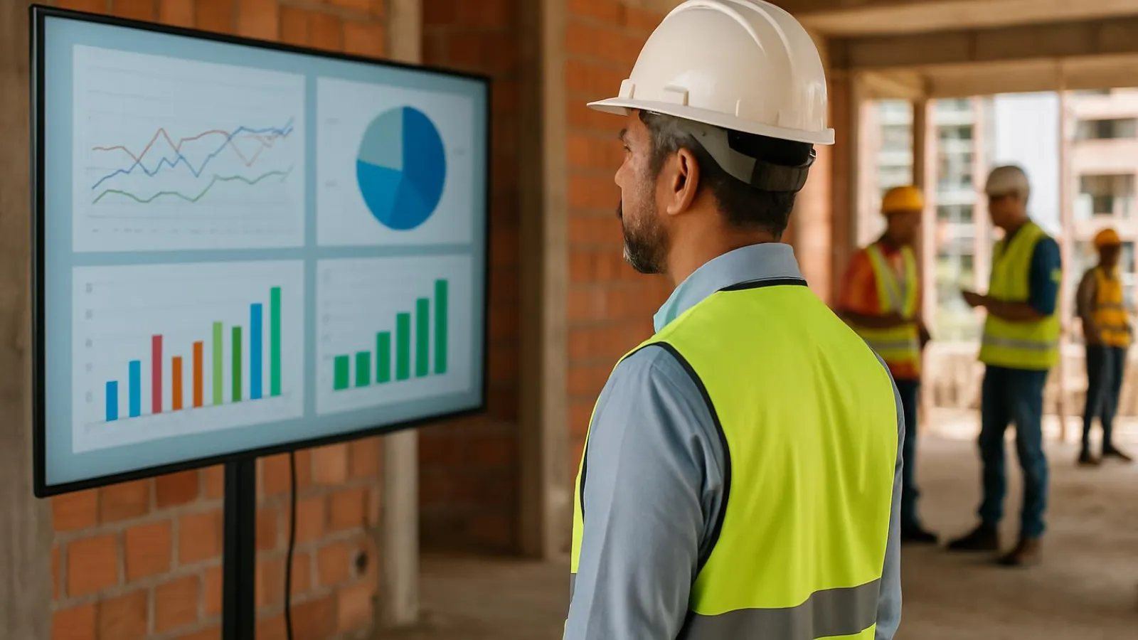 Diretoria de construtora analisando indicadores numa tela