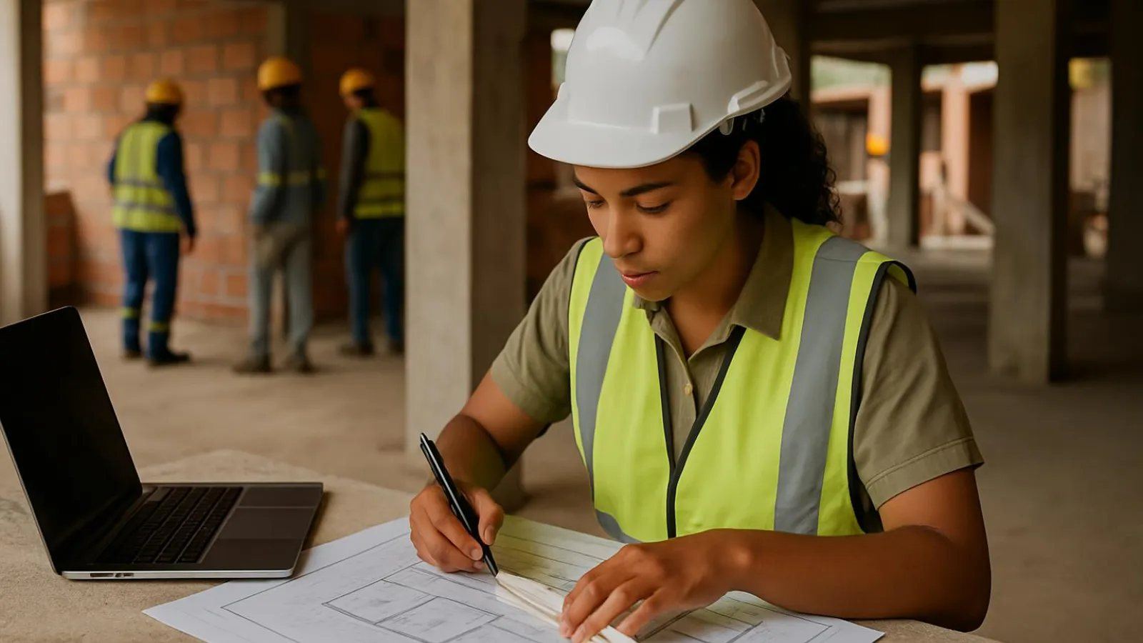 Engenheira levantando quantidades numa planta baixa com escalímetro