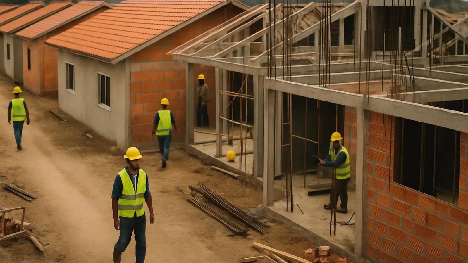 Conjunto de casas iguais em diferentes fases de construção