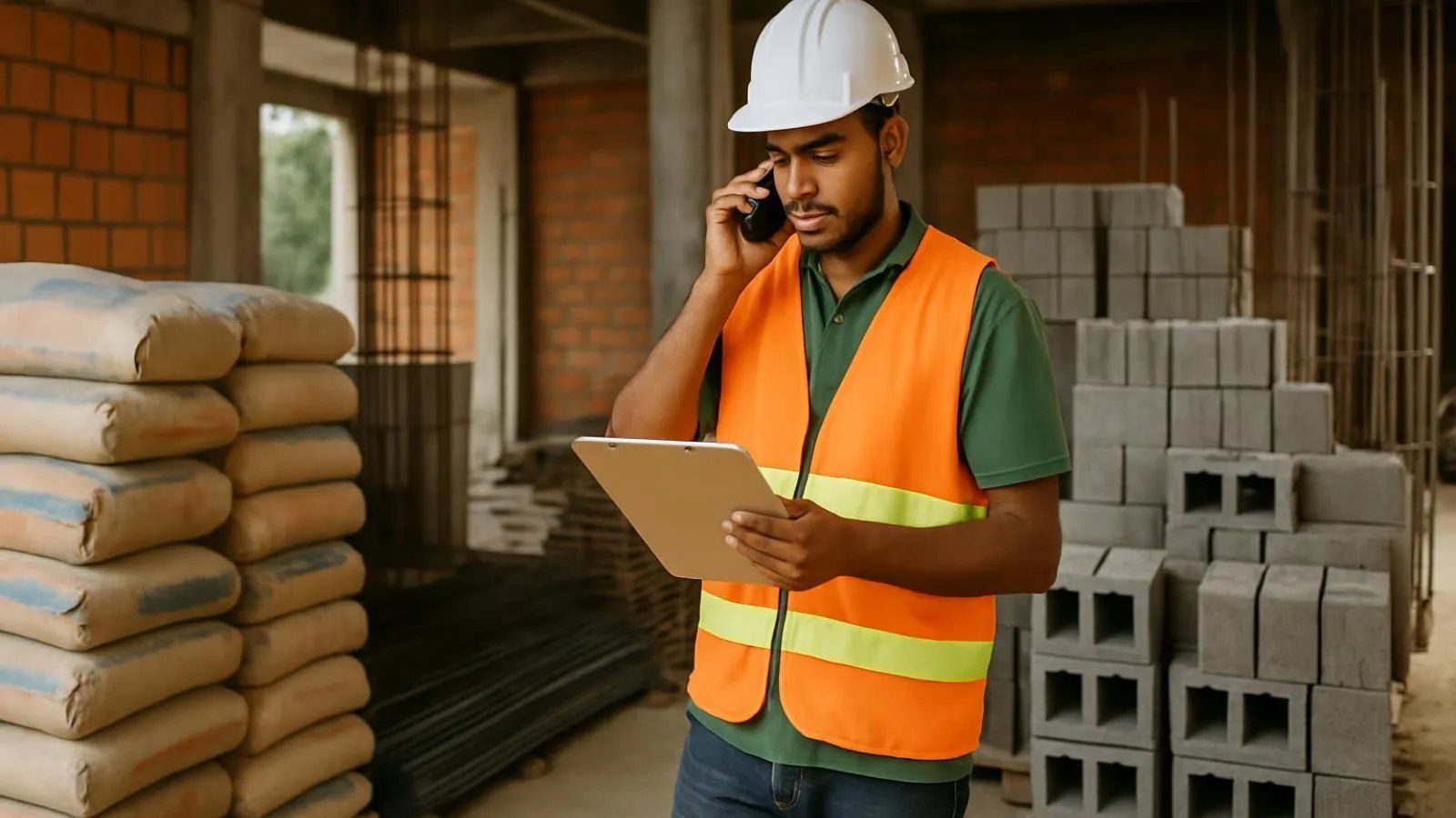 Comprador de construtora conversando com fornecedor pelo celular diante de pilhas de material de construção
