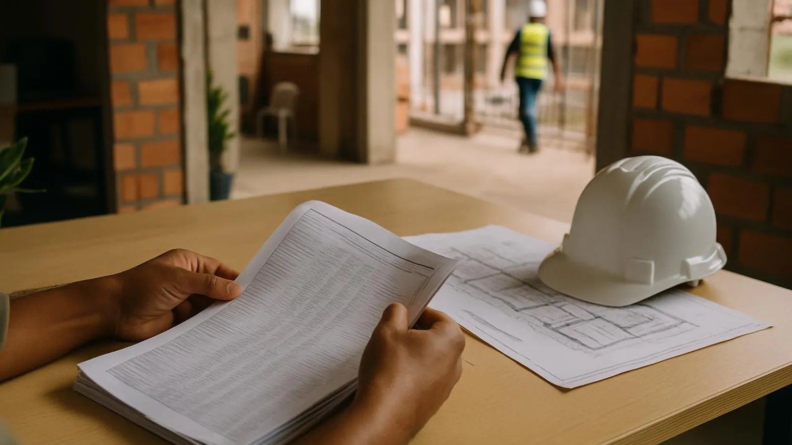 Orçamento de obra impresso sendo conferido sobre a mesa ao lado de uma planta