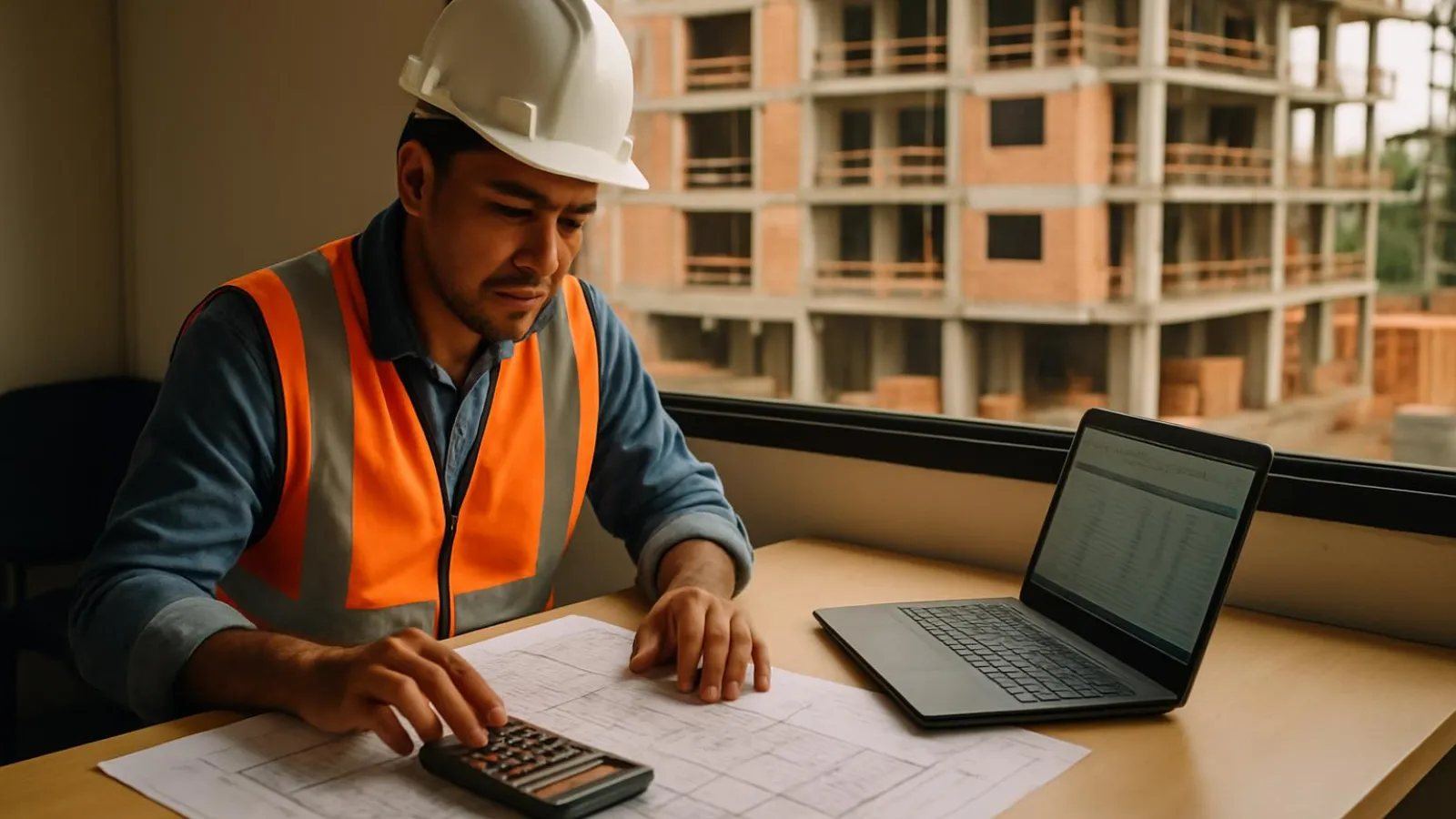 Engenheiro orçamentista trabalhando com plantas e notebook no escritório da obra