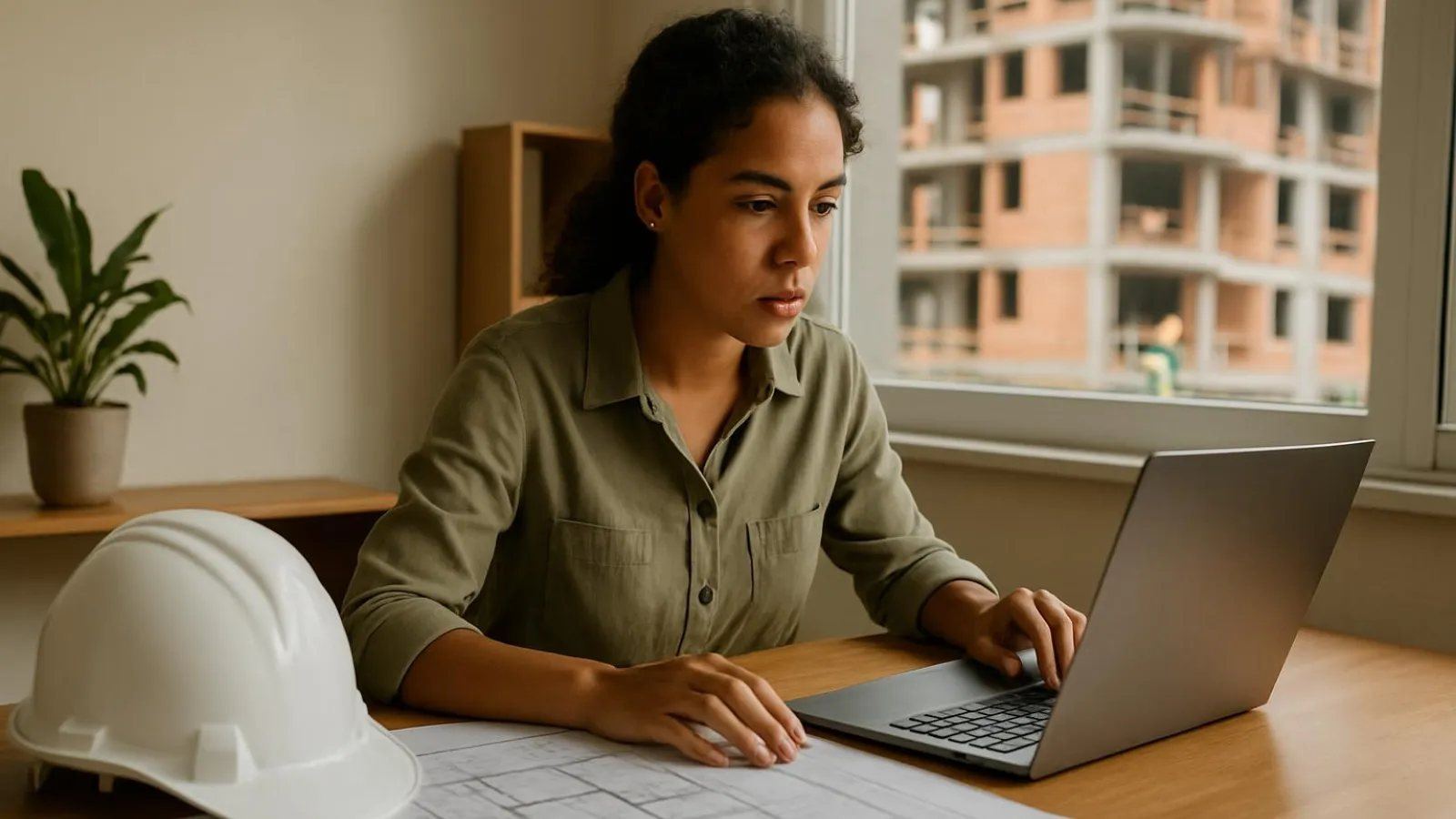 Engenheira autônoma trabalhando em orçamento no notebook em escritório pequeno, com plantas e capacete sobre a mesa
