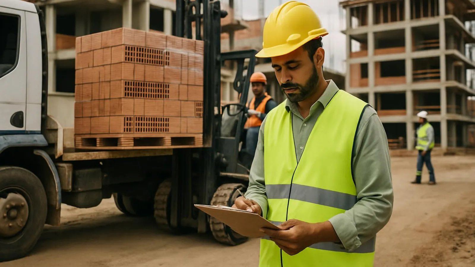 Entrega de materiais no canteiro com caminhão e conferência
