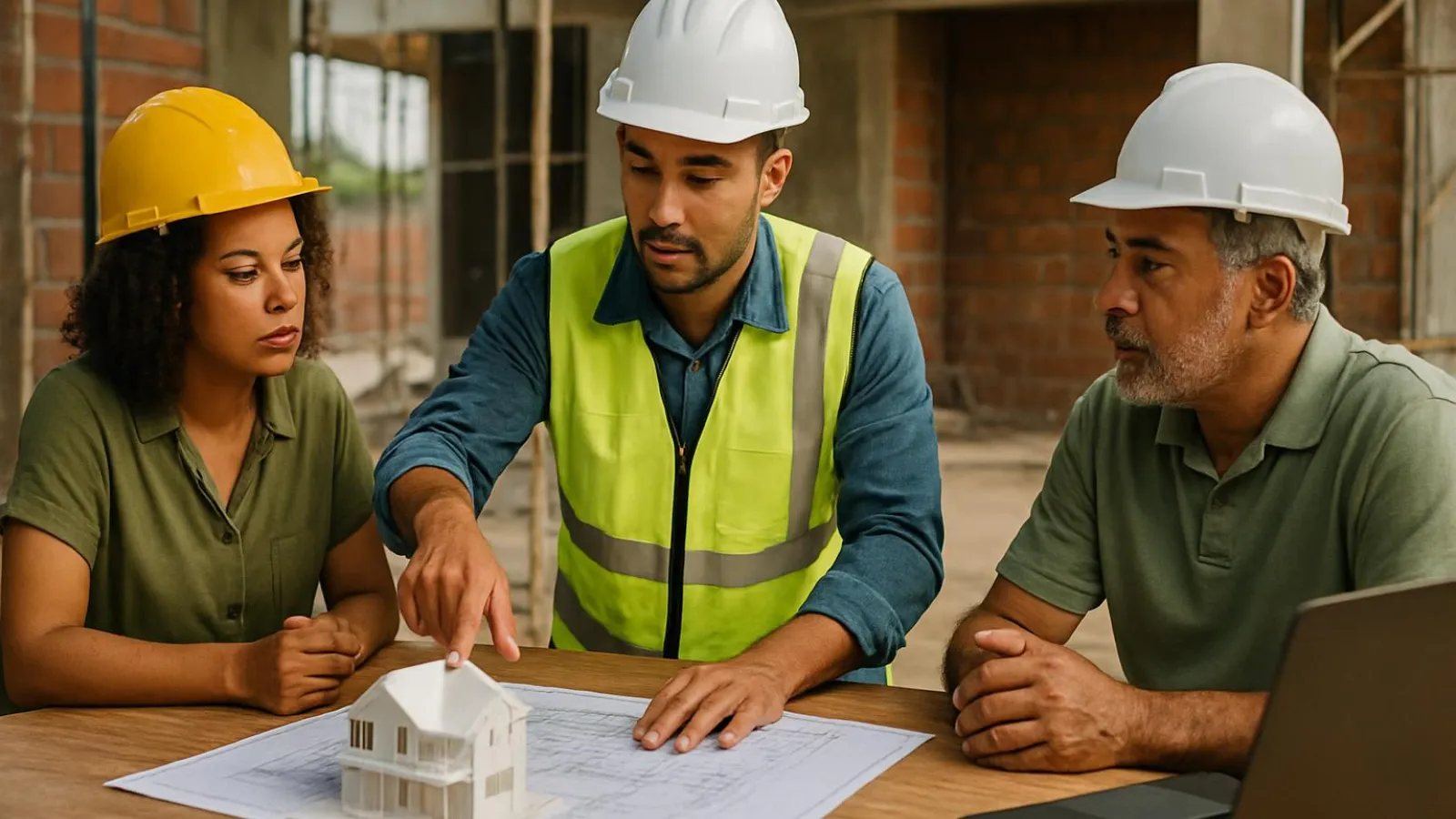 Construtor apresentando a proposta de obra a um casal de clientes numa mesa com planta e maquete