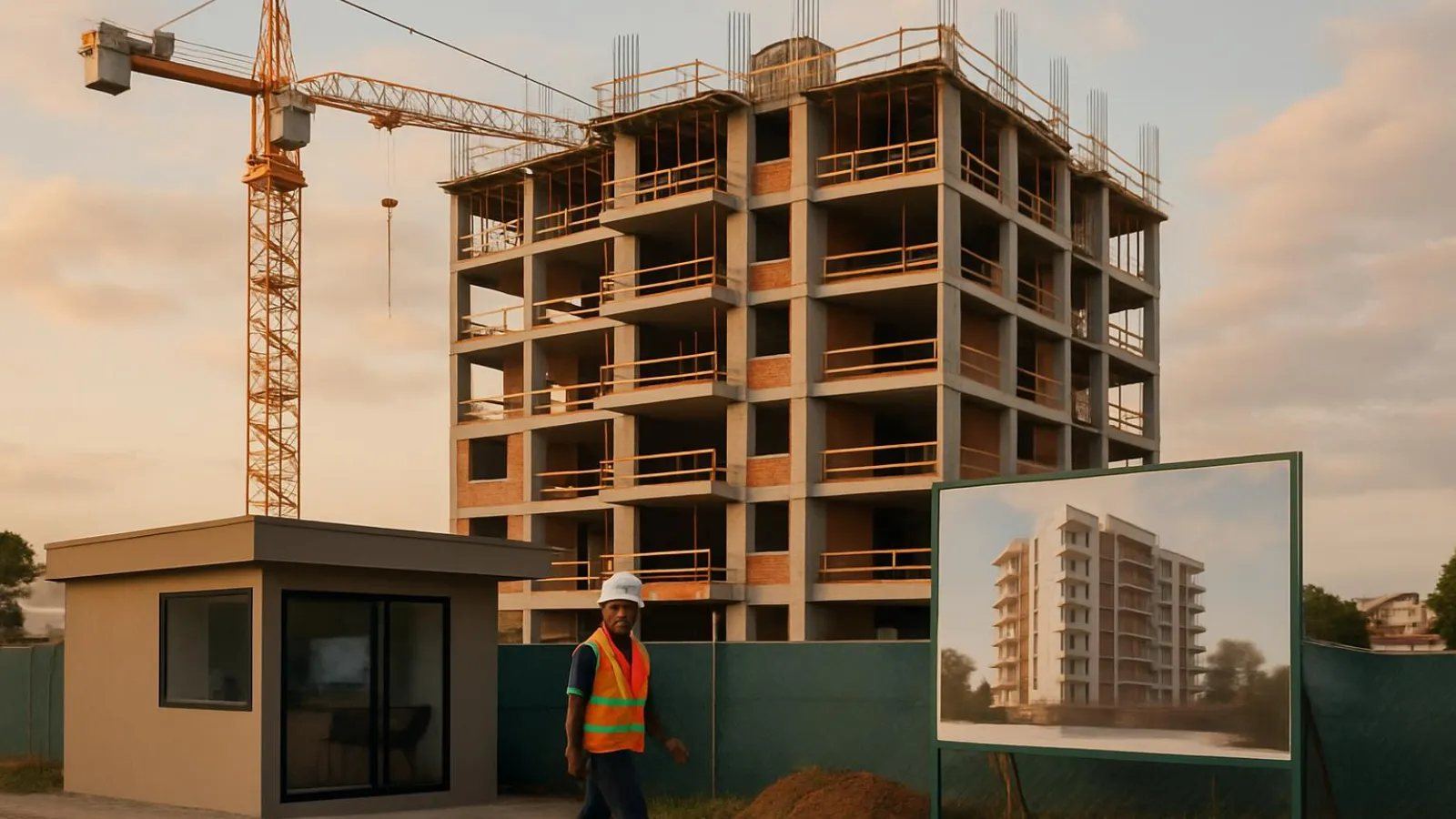 Torre residencial em construção com stand de vendas em primeiro plano ao entardecer