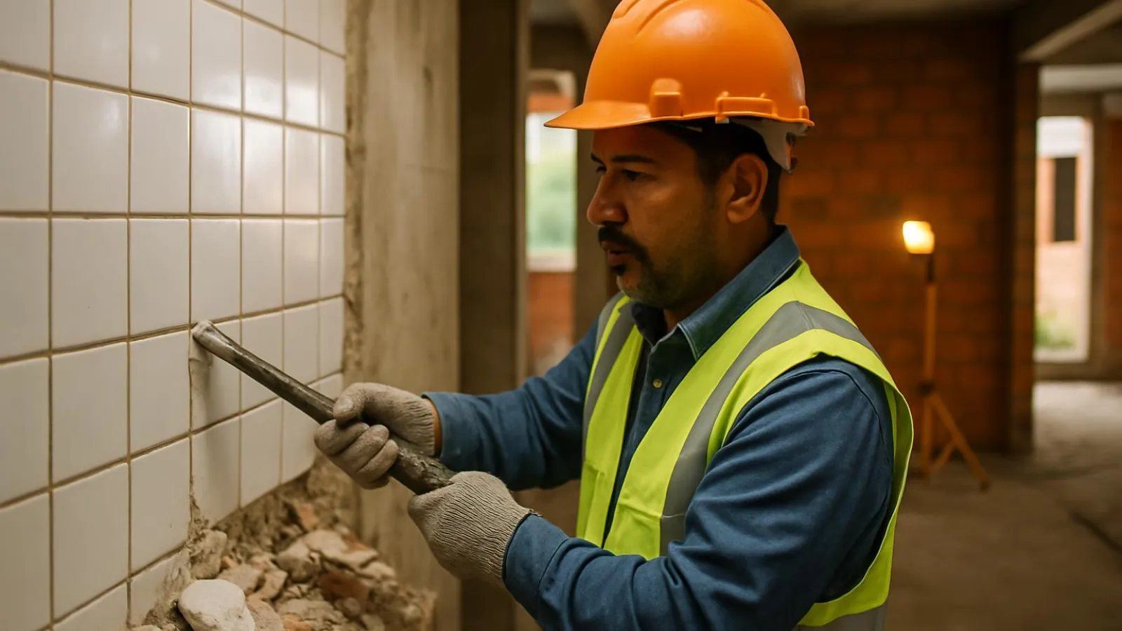 Profissional removendo revestimento cerâmico de uma parede para refazer o serviço numa obra