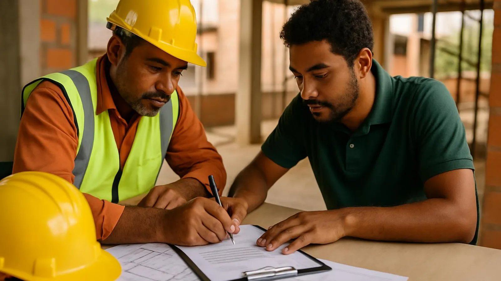 Assinatura de contrato de obra sobre a mesa com planta