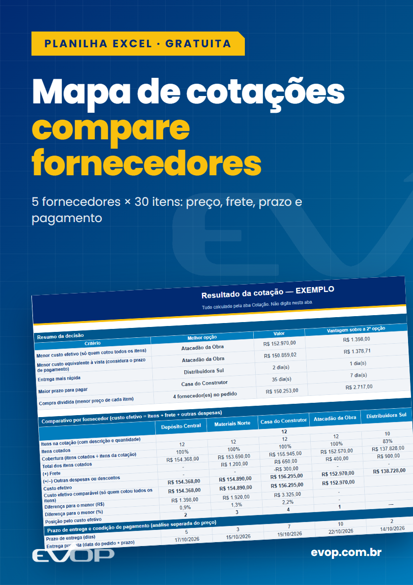 Capa do material: Mapa de cotações: compare fornecedores em Excel