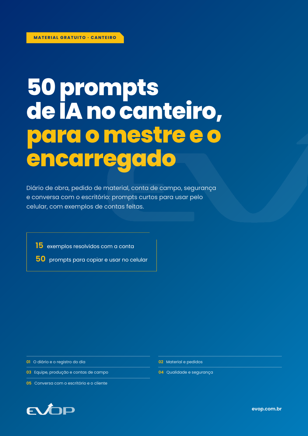 Capa do material: EVOP IA: 50 prompts no canteiro, para o mestre e o encarregado