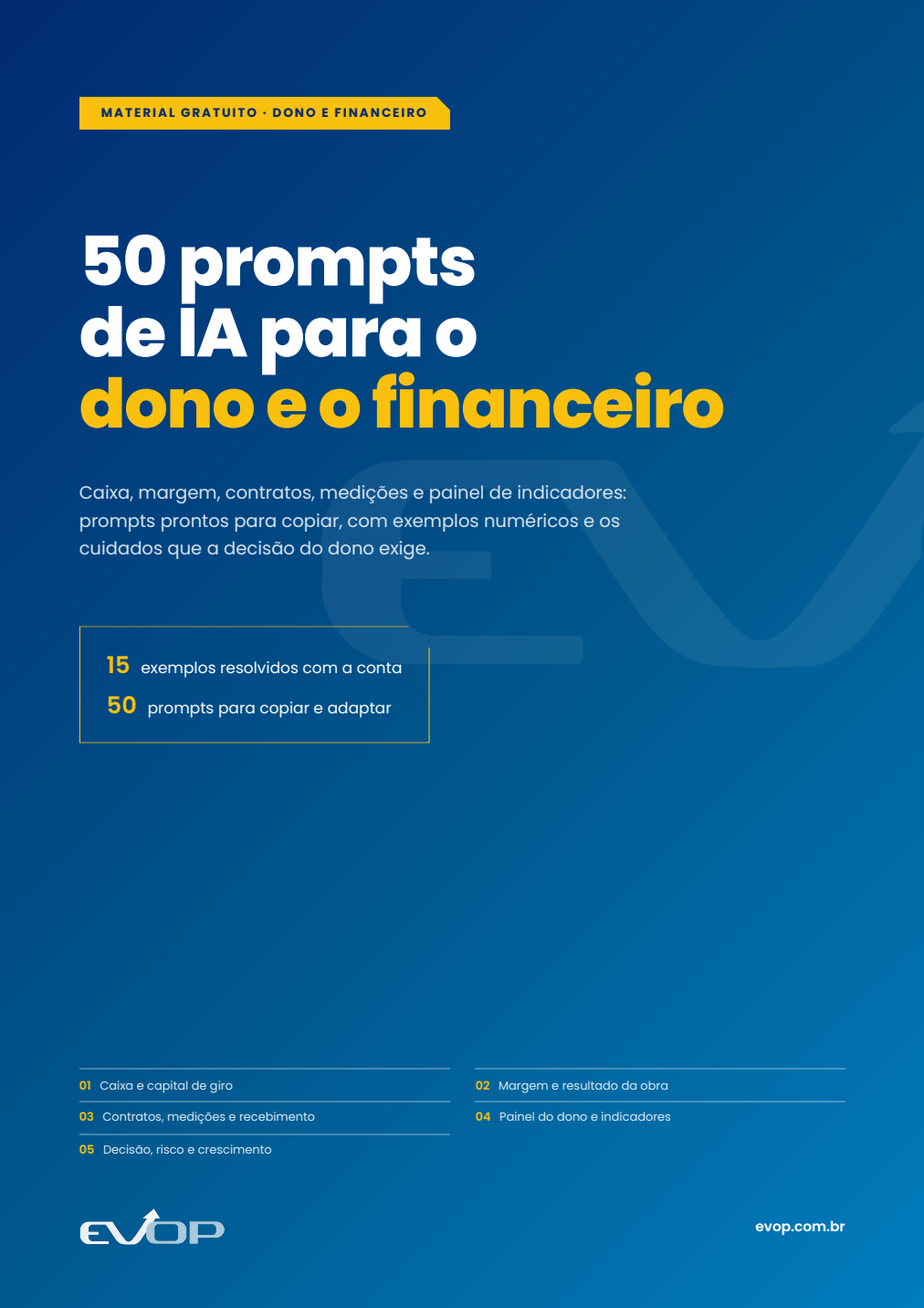 Capa do material: EVOP IA: 50 prompts para o dono e o financeiro da construtora