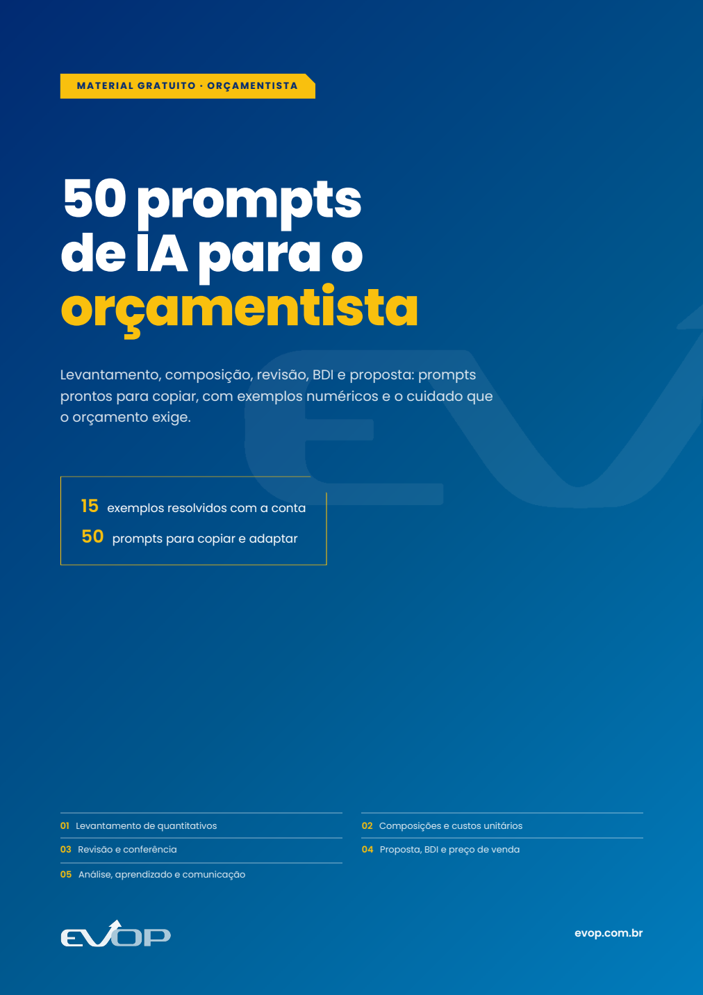 Capa do material: EVOP IA: 50 prompts para o orçamentista