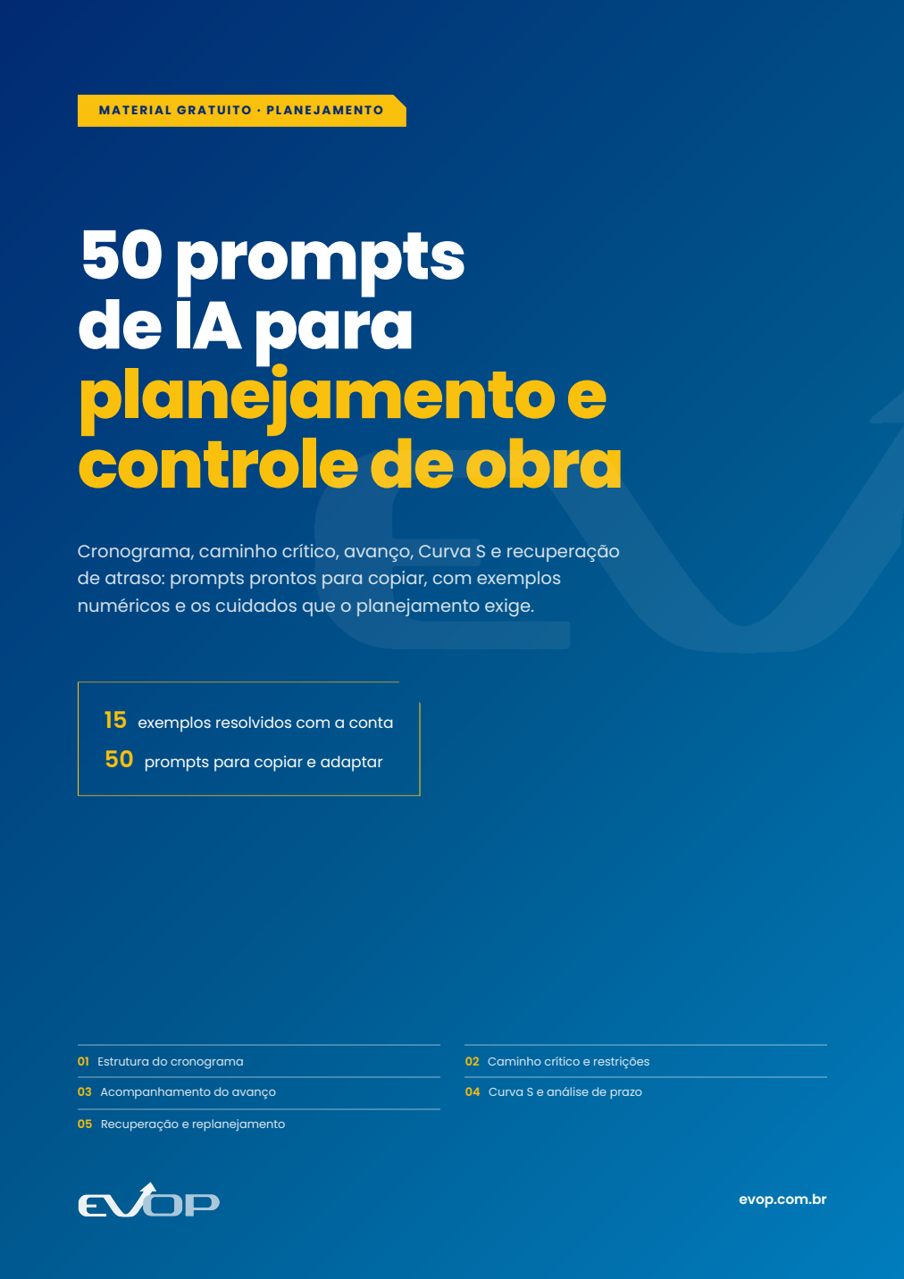 Capa do material: EVOP IA: 50 prompts para planejamento e controle de obra