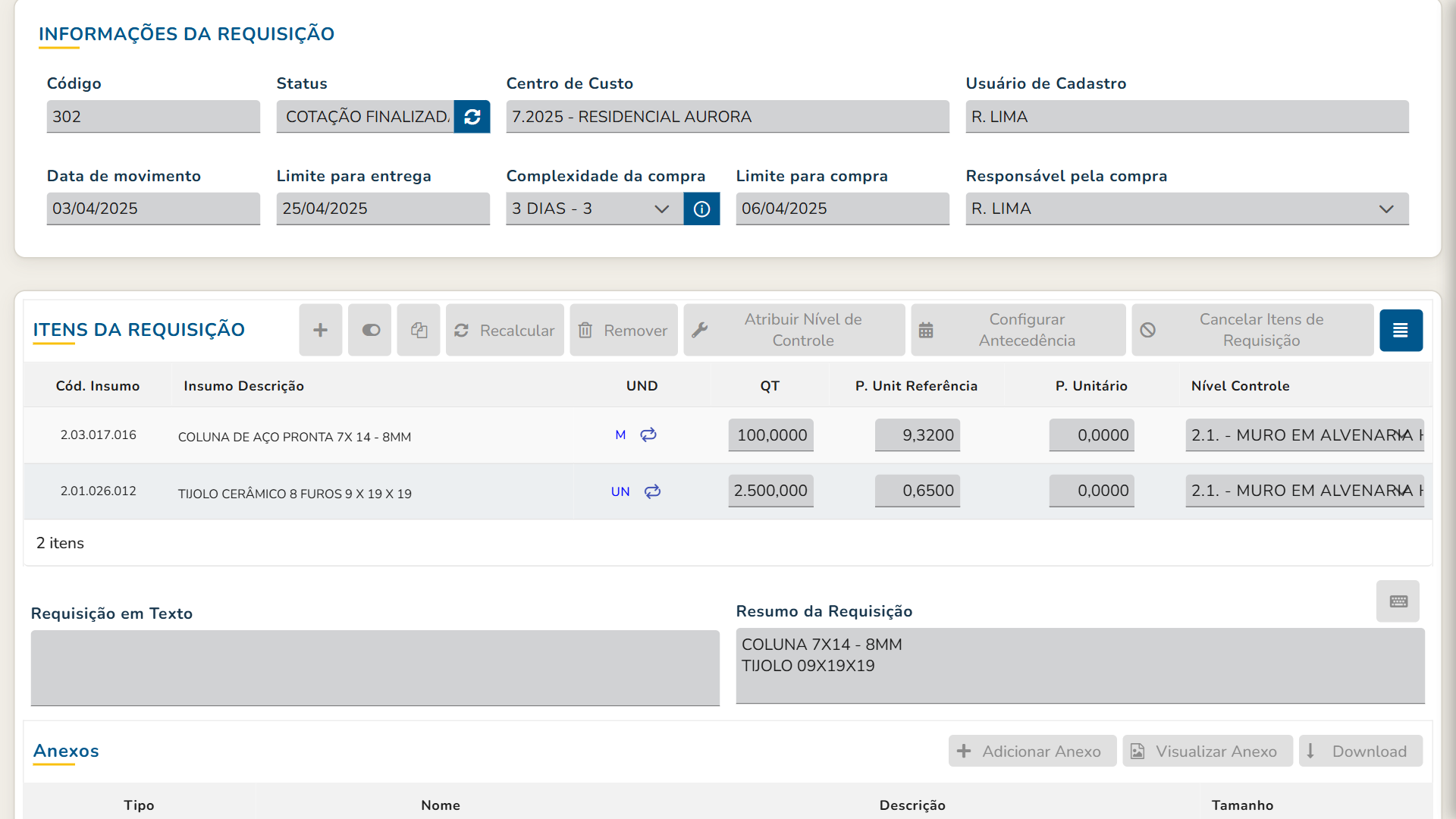 Tela real do EVOP: Requisições